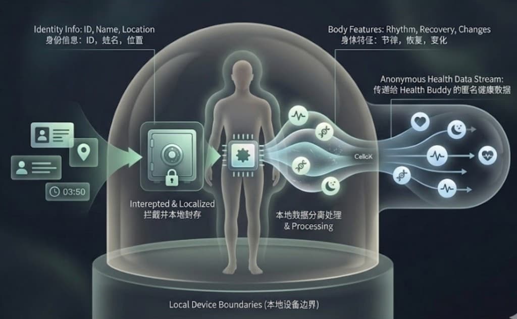 本地设备边界示意图,展示身份信息本地封存与健康特征数据匿名传递